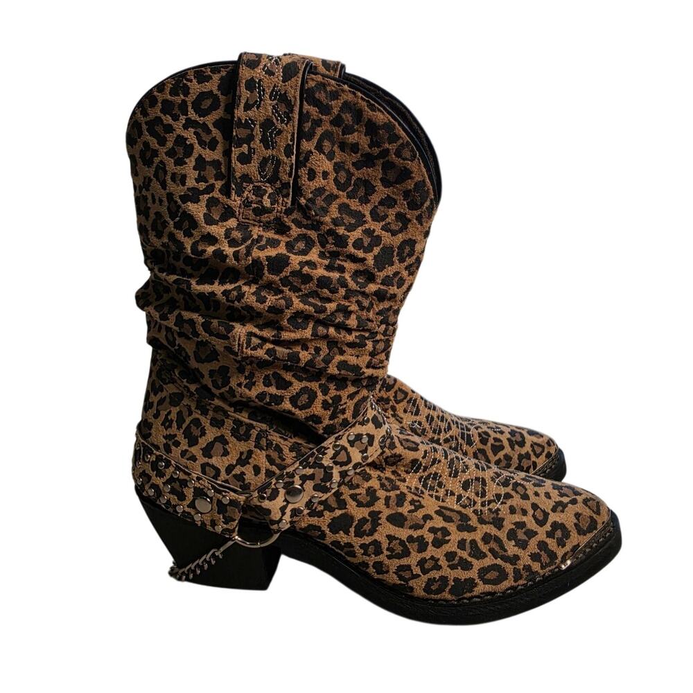 Shyanne Boots Womens 7 Brown Leopard Western Mid Calf Cuban Heel Studded Cowgirl